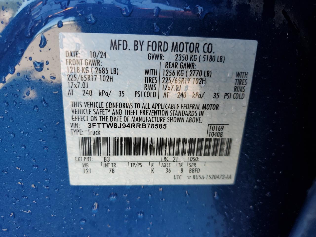 2024 Ford Maverick Xlt VIN: 3FTTW8J94RRB76585 Lot: 90275755