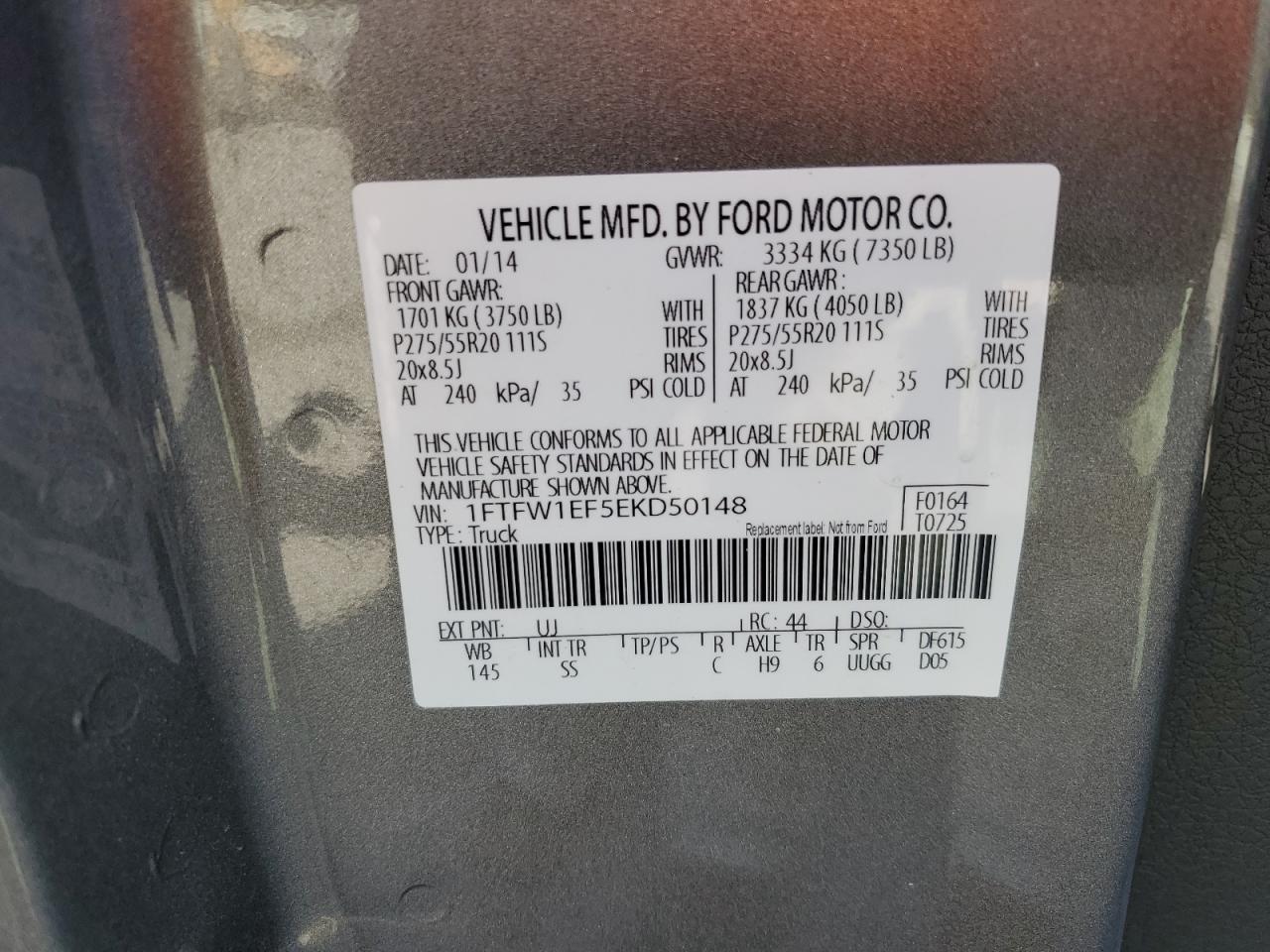 2014 Ford F150 Supercrew VIN: 1FTFW1EF5EKD50148 Lot: 82351065