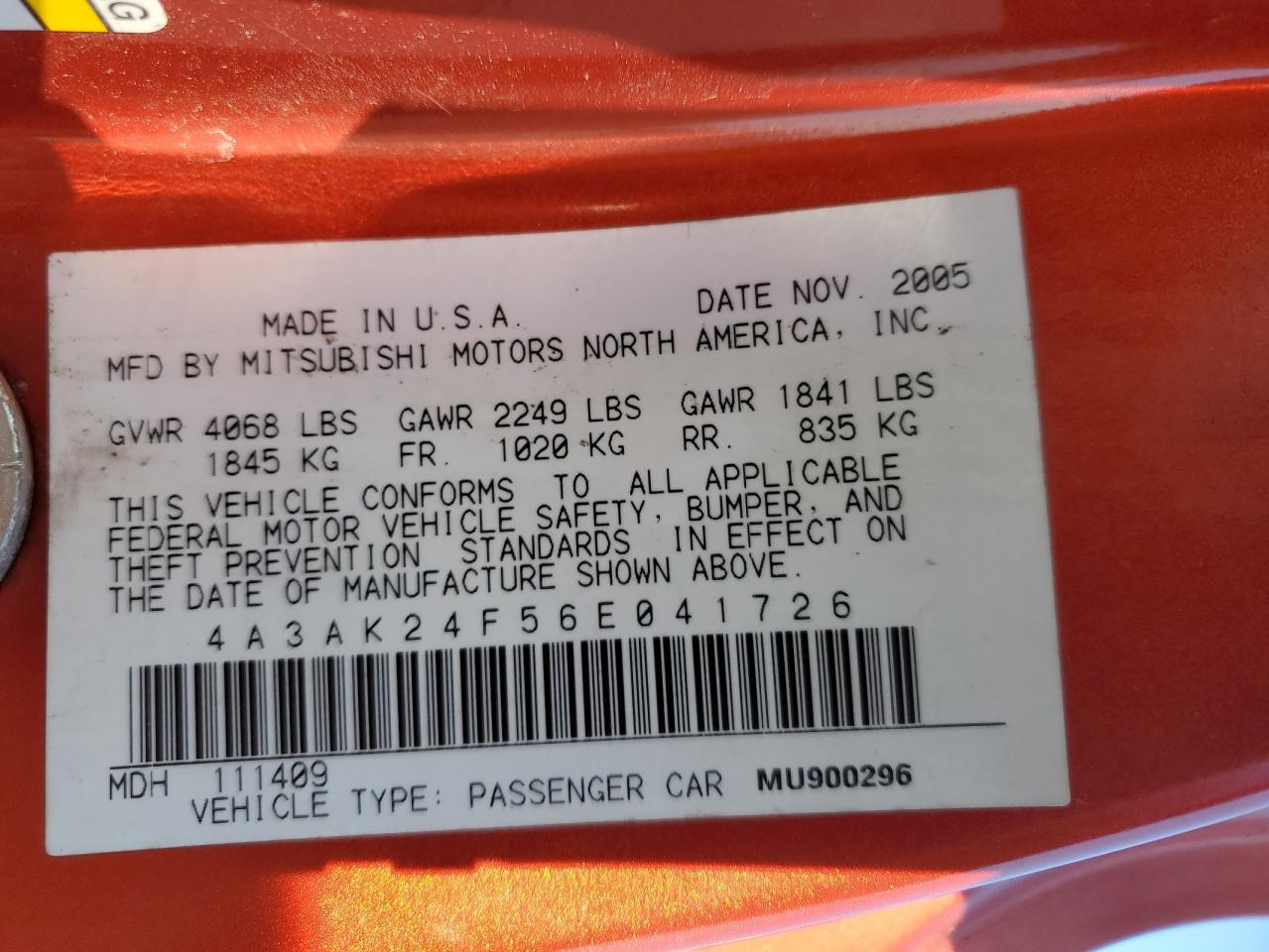 2006 Mitsubishi Eclipse Gs VIN: 4A3AK24F56E041726 Lot: 90743025