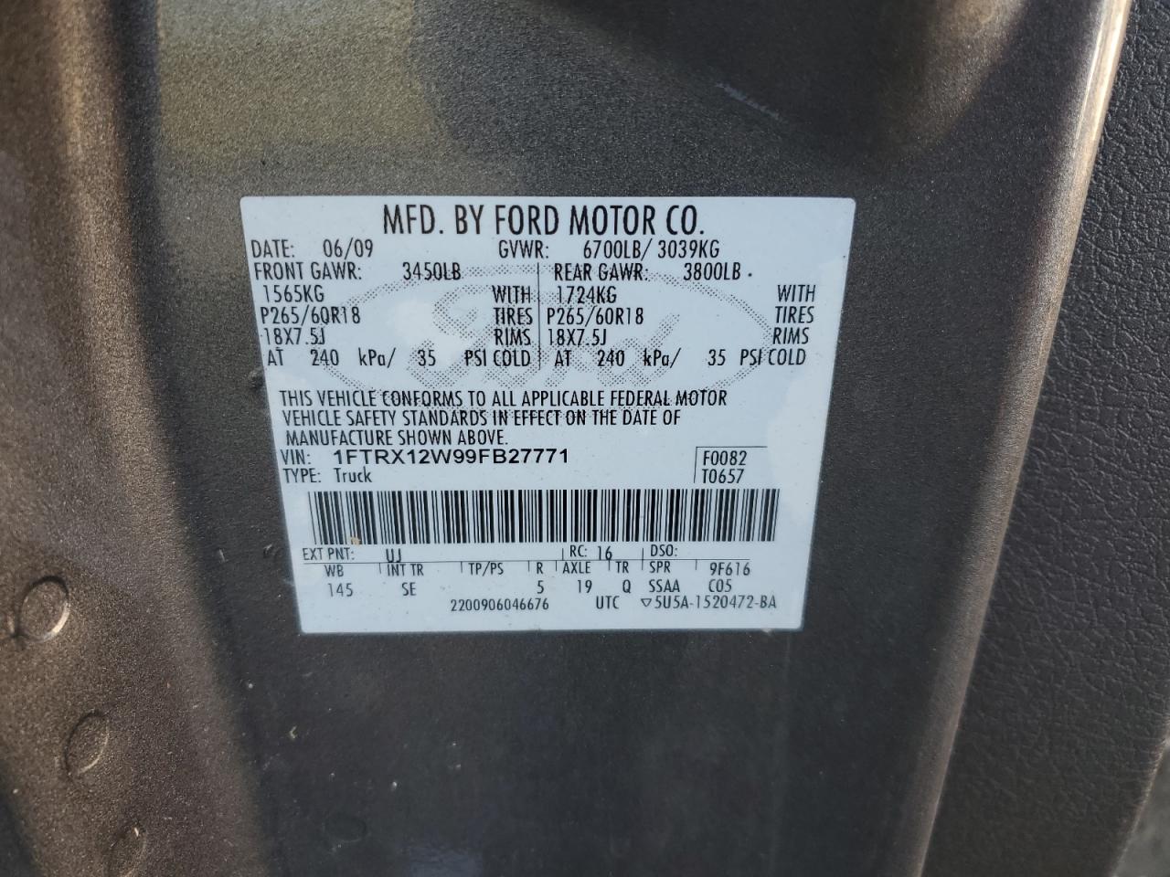 2009 Ford F150 Super Cab VIN: 1FTRX12W99FB27771 Lot: 82501525