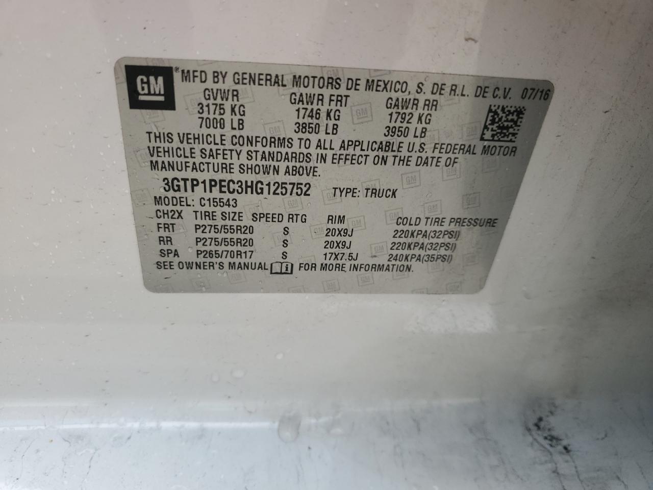 2017 GMC Sierra C1500 Denali VIN: 3GTP1PEC3HG125752 Lot: 86053765