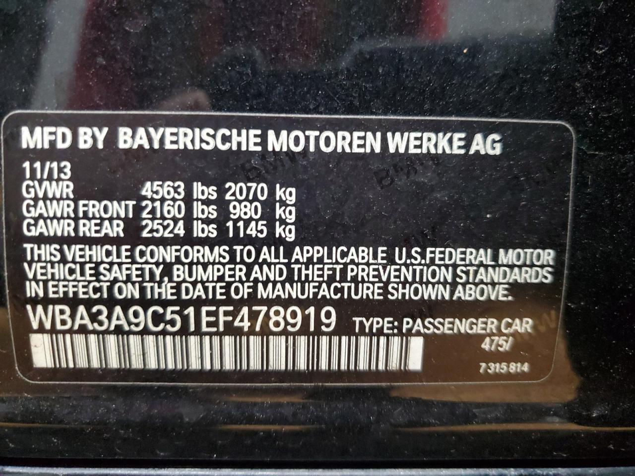 2014 BMW 335 I VIN: WBA3A9C51EF478919 Lot: 84748435