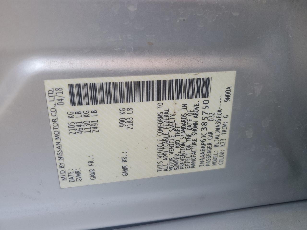 2018 Nissan Maxima 3.5S VIN: 1N4AA6AP6JC385750 Lot: 90489685