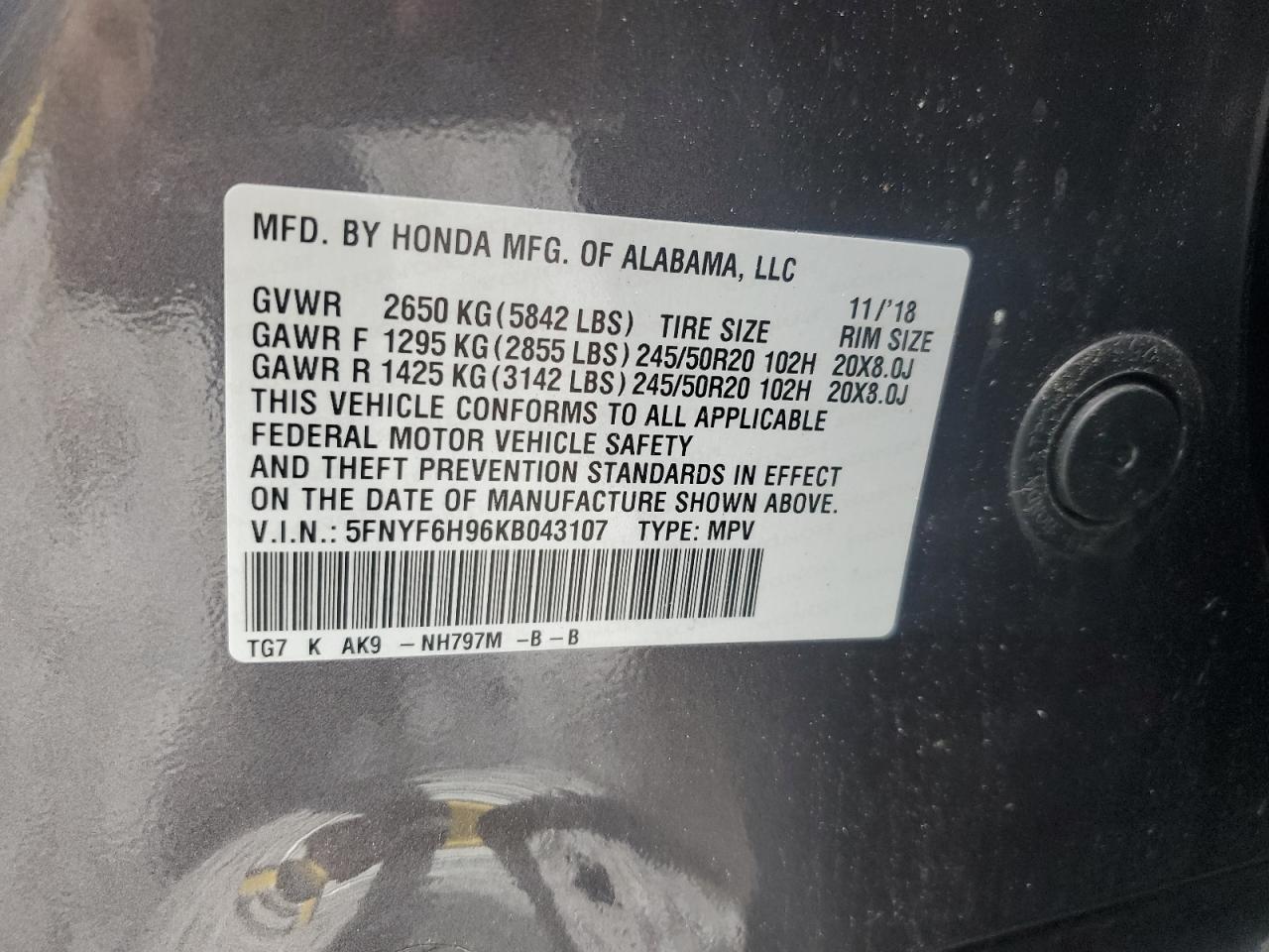 2019 Honda Pilot Touring VIN: 5FNYF6H96KB043107 Lot: 86123445