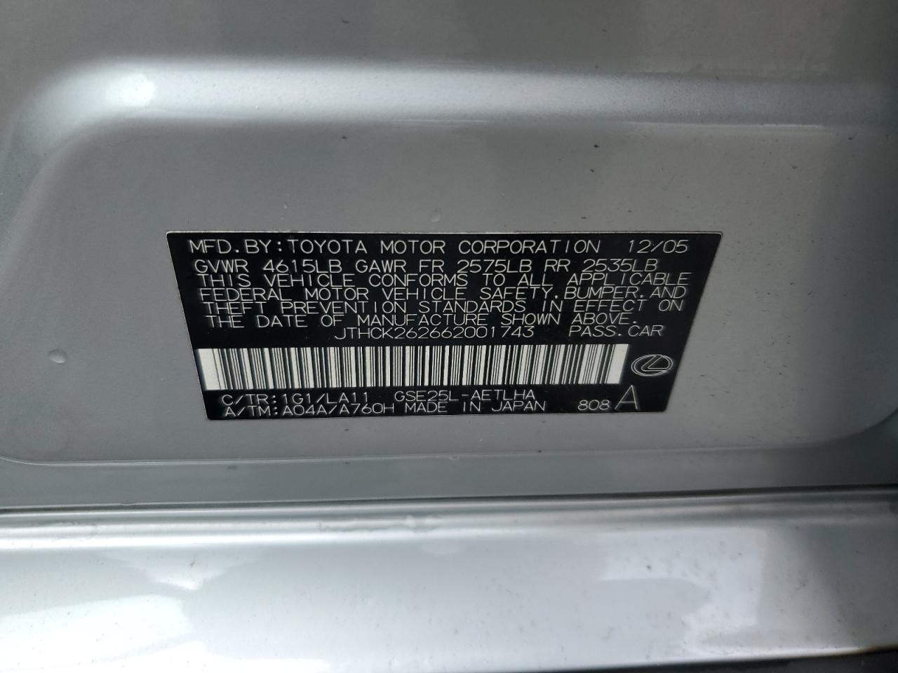 2006 Lexus Is 250 VIN: JTHCK262662001743 Lot: 86436985