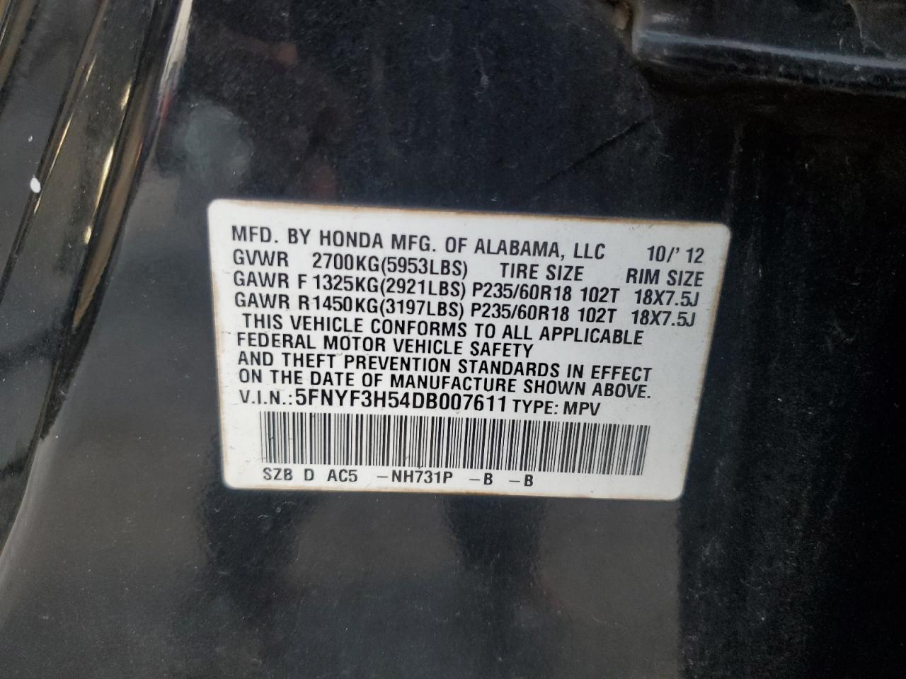 2013 Honda Pilot Exl VIN: 5FNYF3H54DB007611 Lot: 85506275