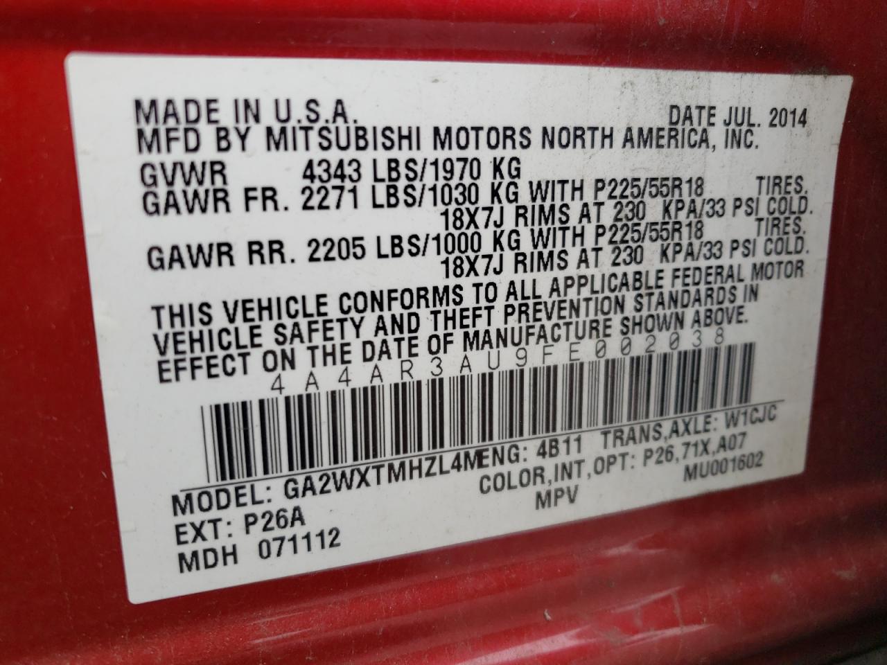 2015 Mitsubishi Outlander Sport Es VIN: 4A4AR3AU9FE002038 Lot: 85727595