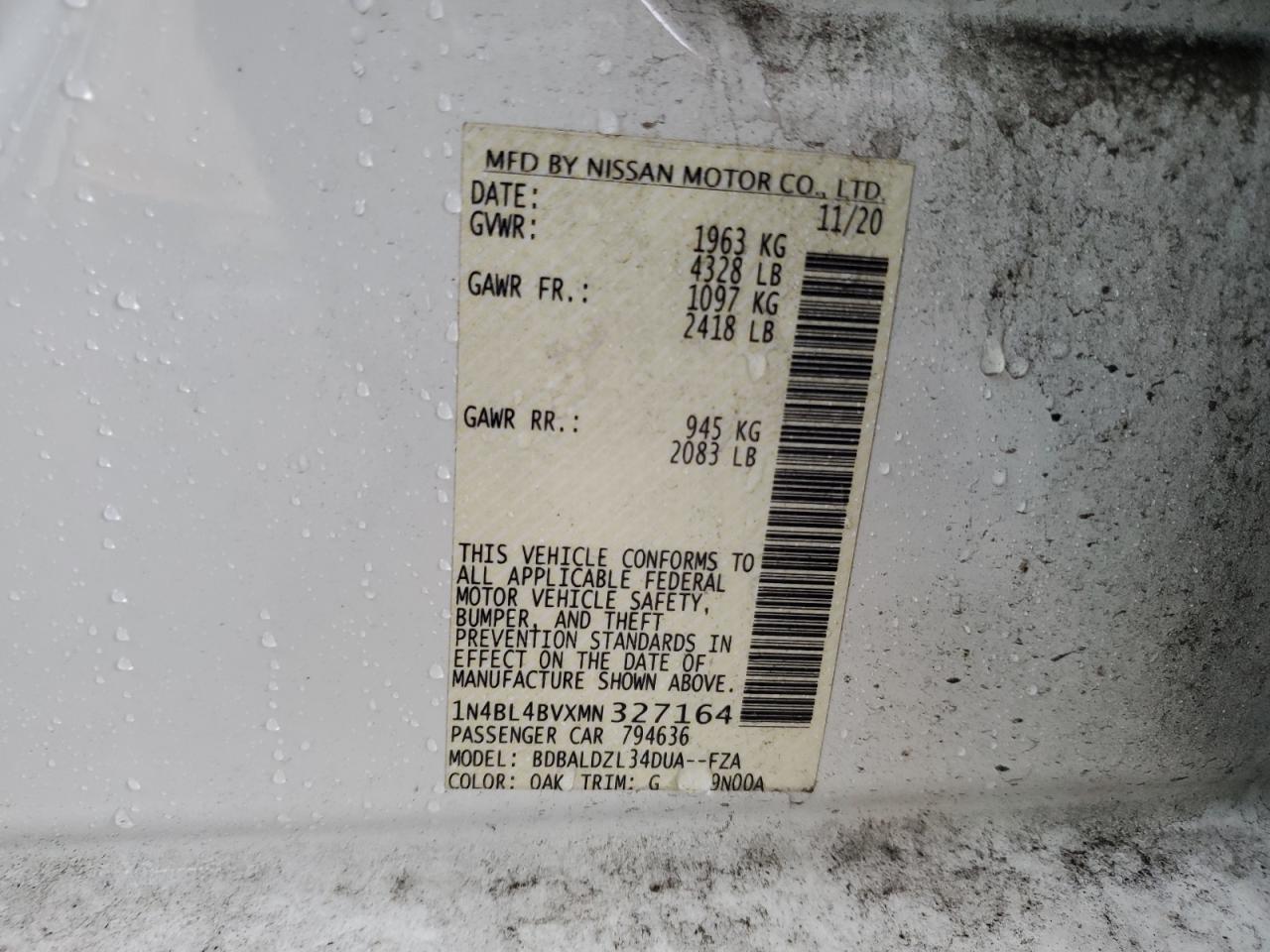 2021 Nissan Altima S VIN: 1N4BL4BVXMN327164 Lot: 90053475