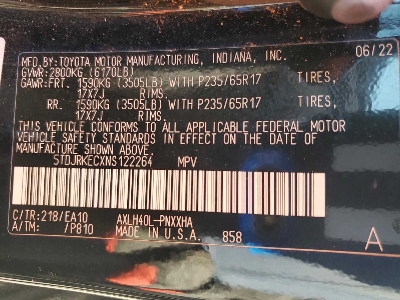 2022 Toyota Sienna Xle VIN: 5TDJRKECXNS122264 Lot: 82003235