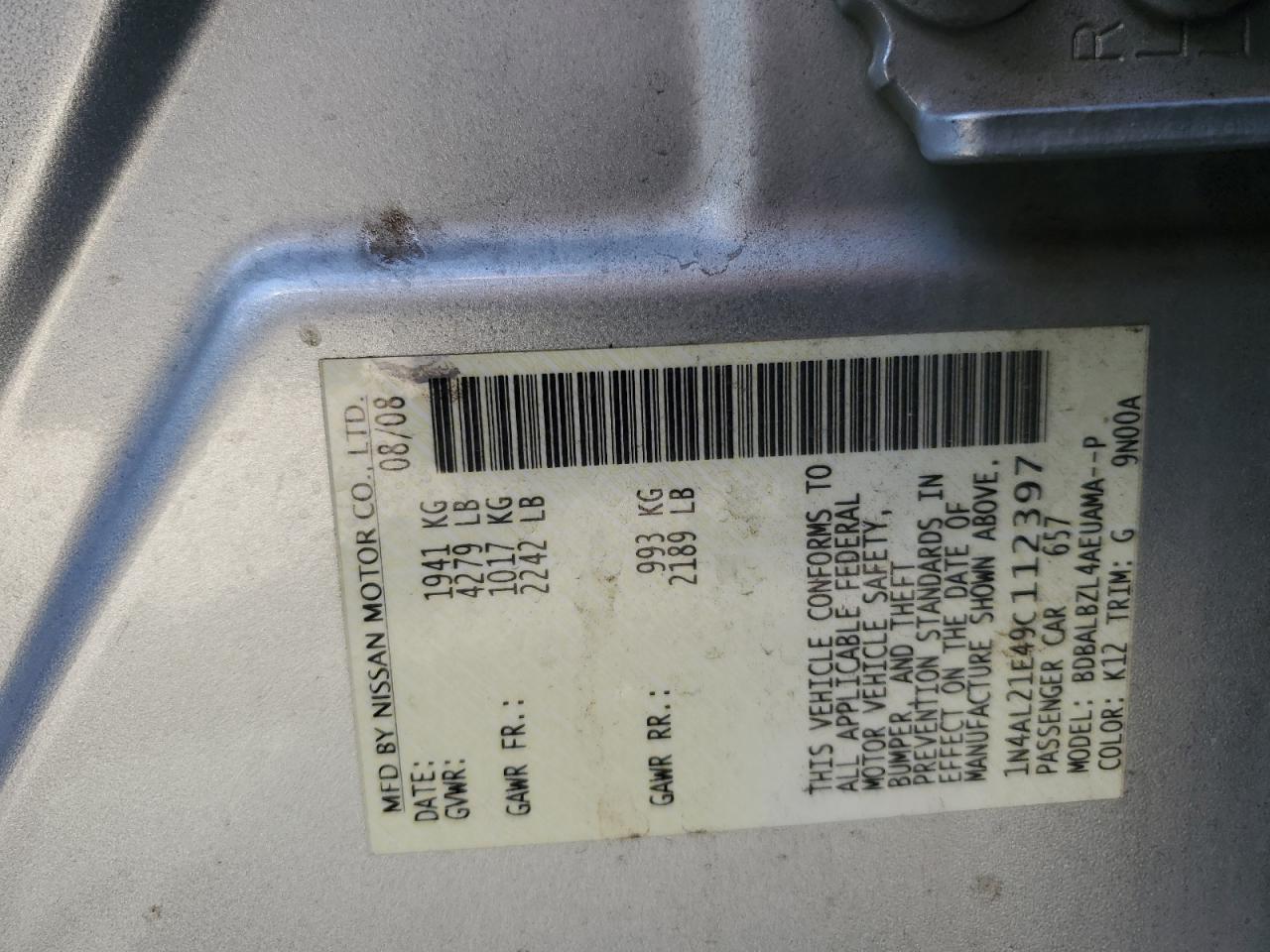 2009 Nissan Altima 2.5 VIN: 1N4AL21E49C112397 Lot: 84468465