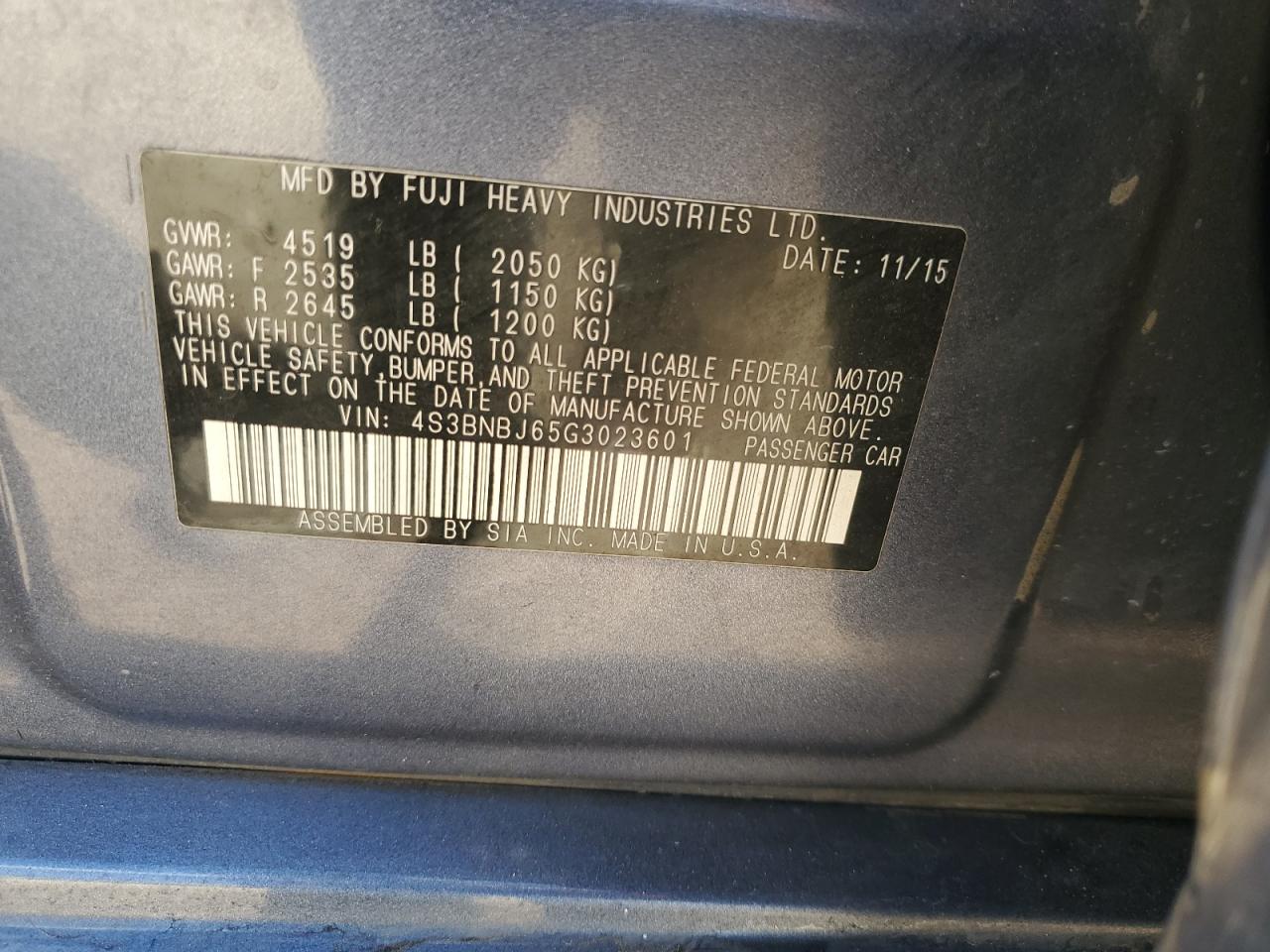 2016 Subaru Legacy 2.5I Limited VIN: 4S3BNBJ65G3023601 Lot: 86188165