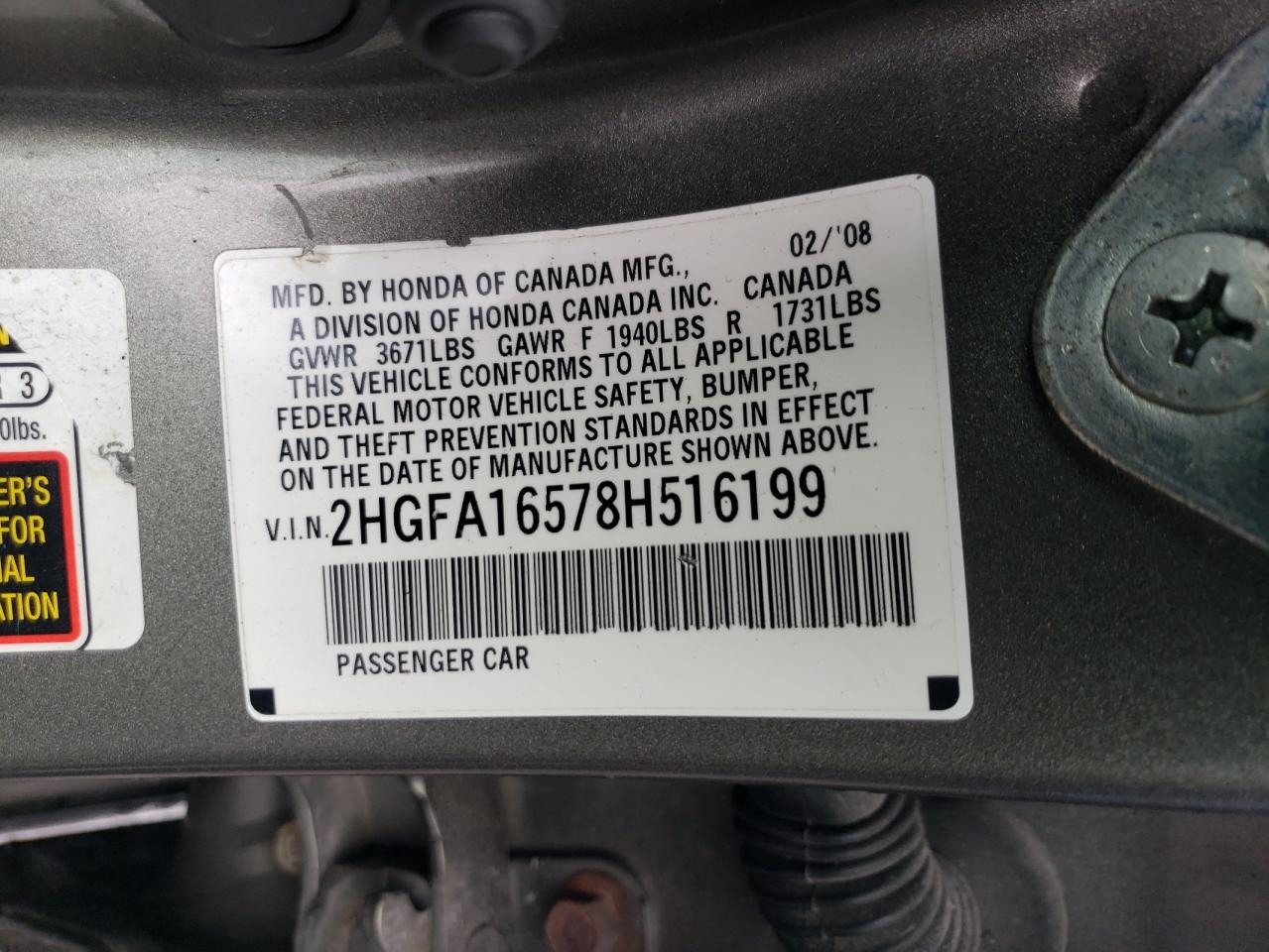 2008 Honda Civic Lx VIN: 2HGFA16578H516199 Lot: 85111195