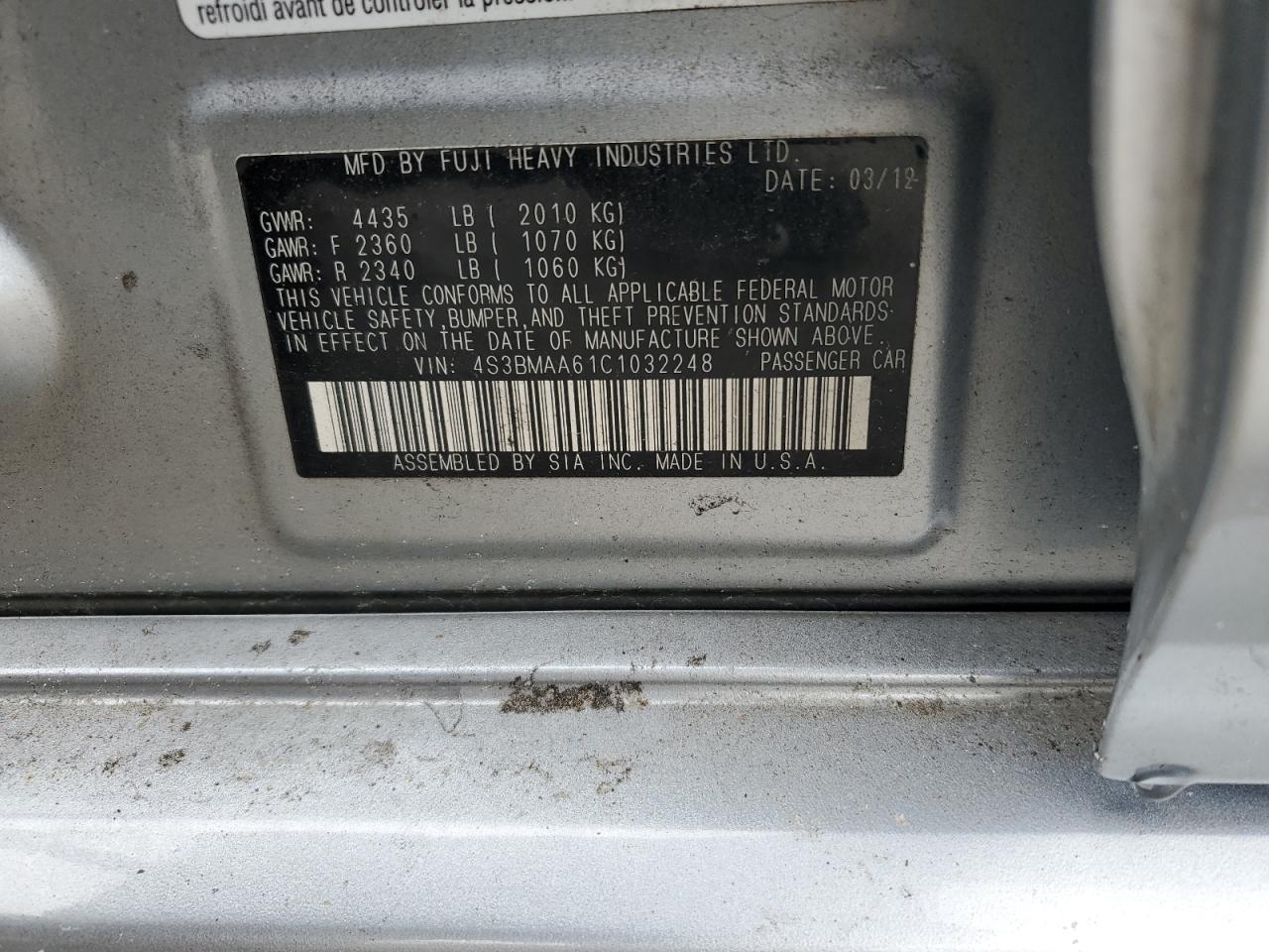 2012 Subaru Legacy 2.5I VIN: 4S3BMAA61C1032248 Lot: 87104305