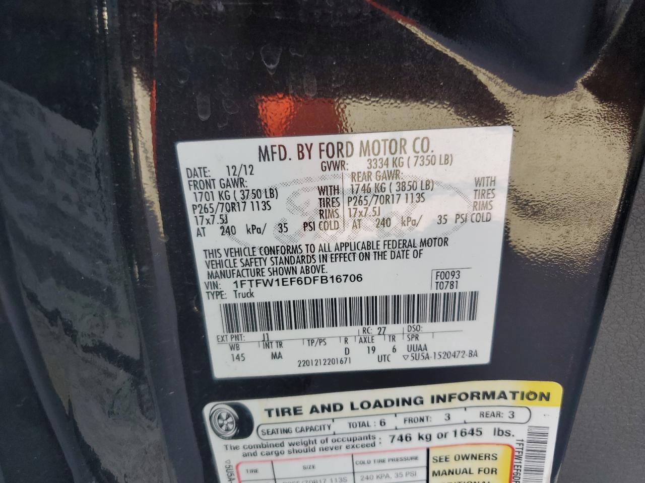 2013 Ford F150 Supercrew VIN: 1FTFW1EF6DFB16706 Lot: 85903755