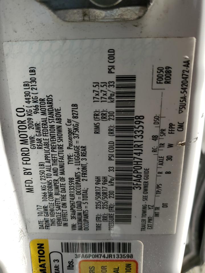 2018 Ford Fusion Se VIN: 3FA6P0H74JR133598 Lot: 89483015