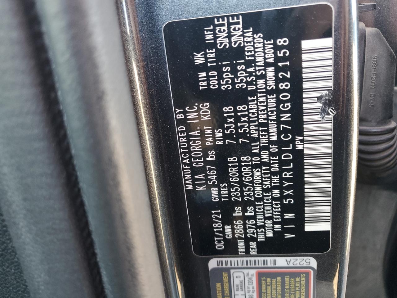 2022 Kia Sorento S VIN: 5XYRLDLC7NG082158 Lot: 87403615