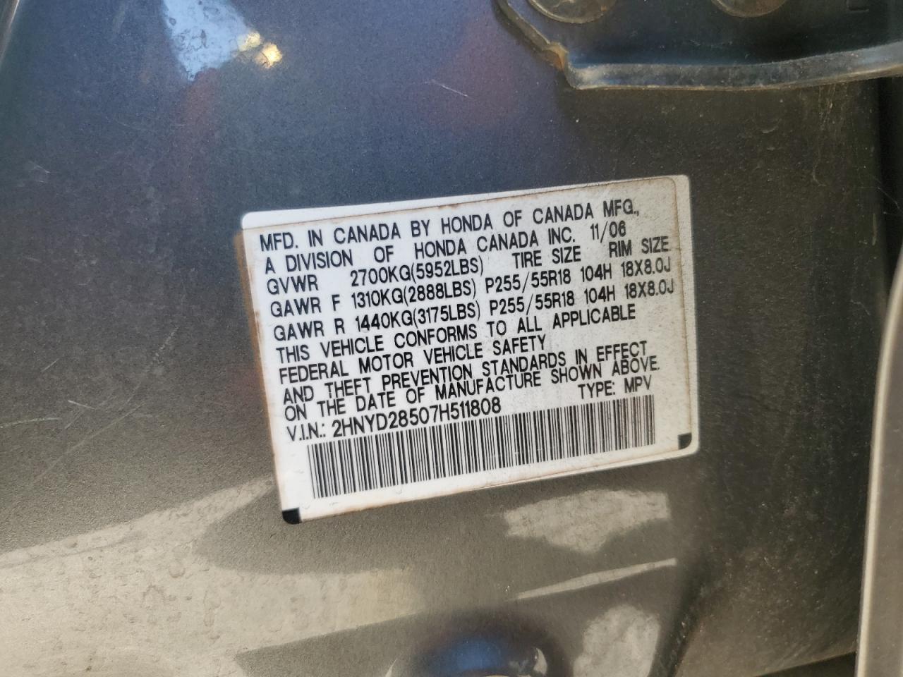 2007 Acura Mdx Sport VIN: 2HNYD28507H511808 Lot: 84480025