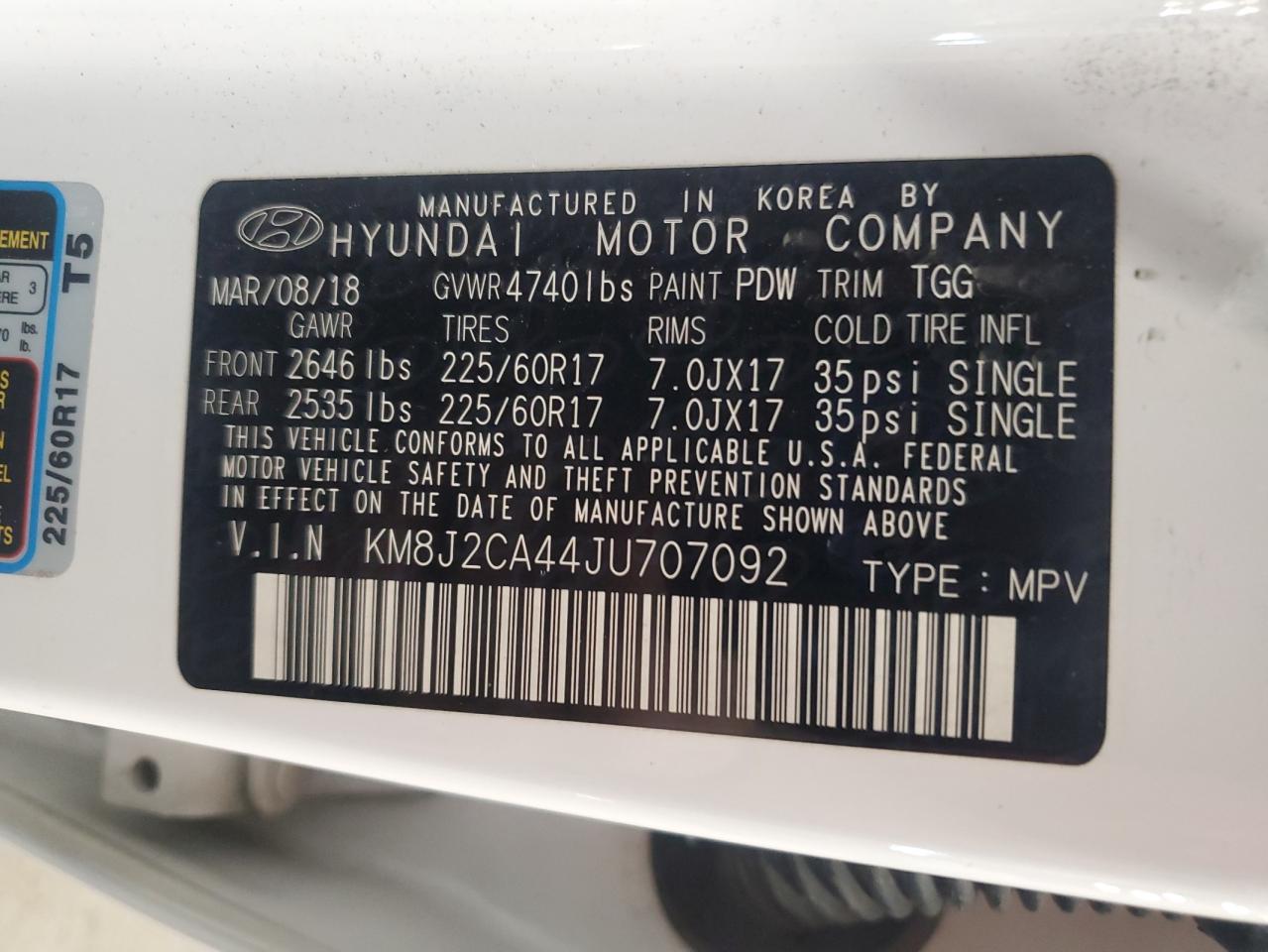 2018 Hyundai Tucson Se VIN: KM8J2CA44JU707092 Lot: 86633635