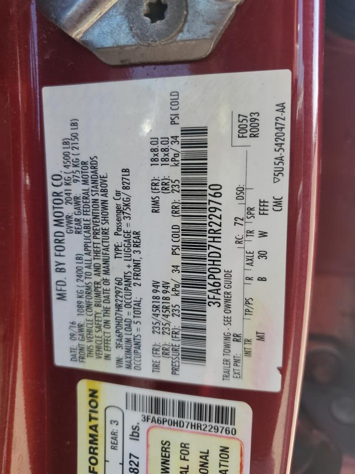 2017 Ford Fusion Se VIN: 3FA6P0HD7HR229760 Lot: 89882285