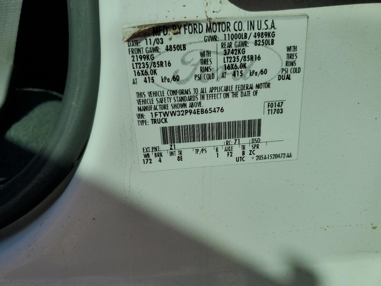 2004 Ford F350 Super VIN: 1FTWW32P94EB65476 Lot: 85372885