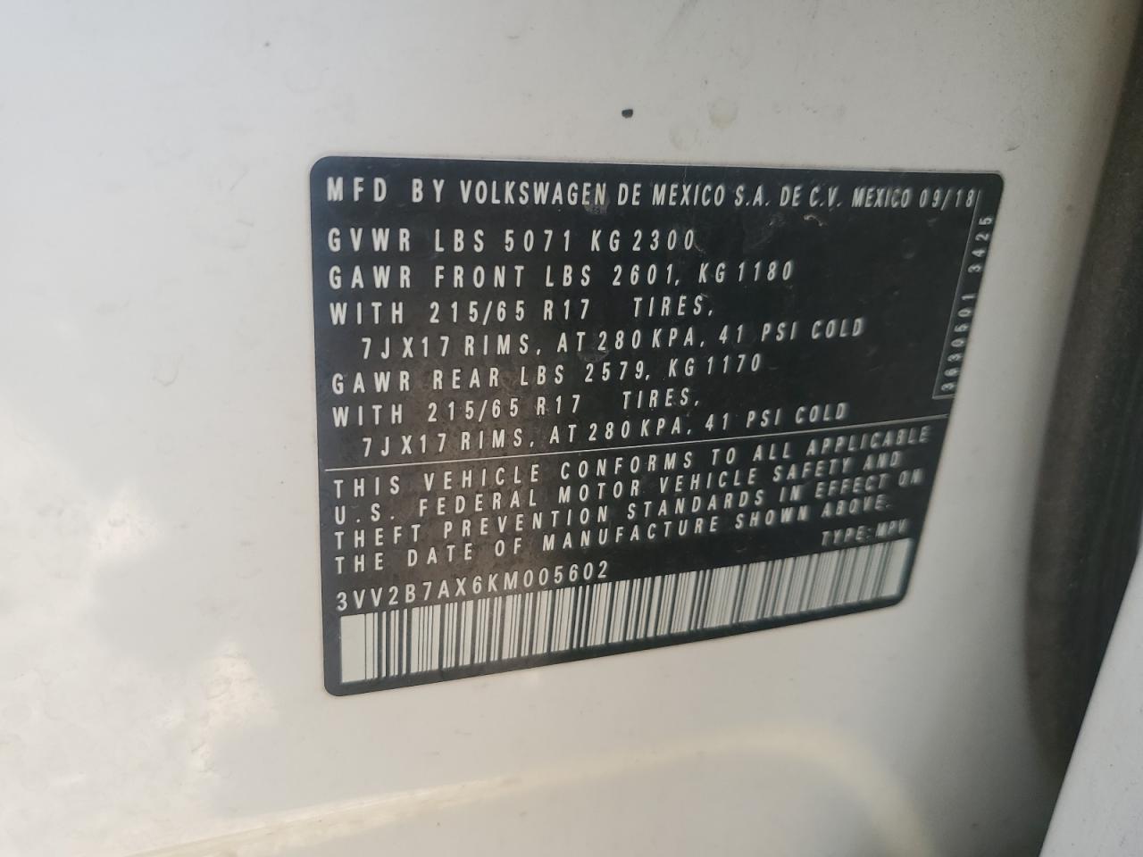 2019 Volkswagen Tiguan Se VIN: 3VV2B7AX6KM005602 Lot: 82318015