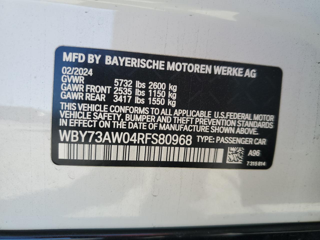 2024 BMW I4 Edrive 40 VIN: WBY73AW04RFS80968 Lot: 89918795