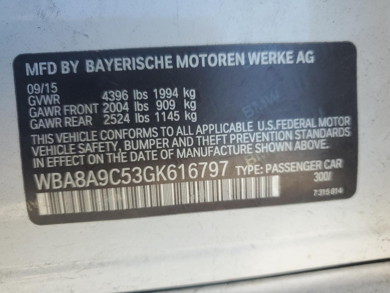 2016 BMW 320 I VIN: WBA8A9C53GK616797 Lot: 85288515