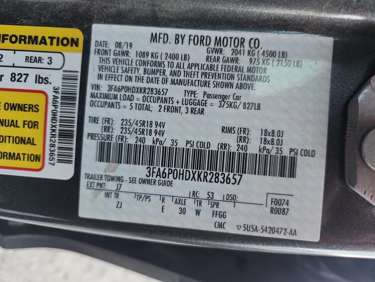 2019 Ford Fusion Se VIN: 3FA6P0HDXKR283657 Lot: 84703185