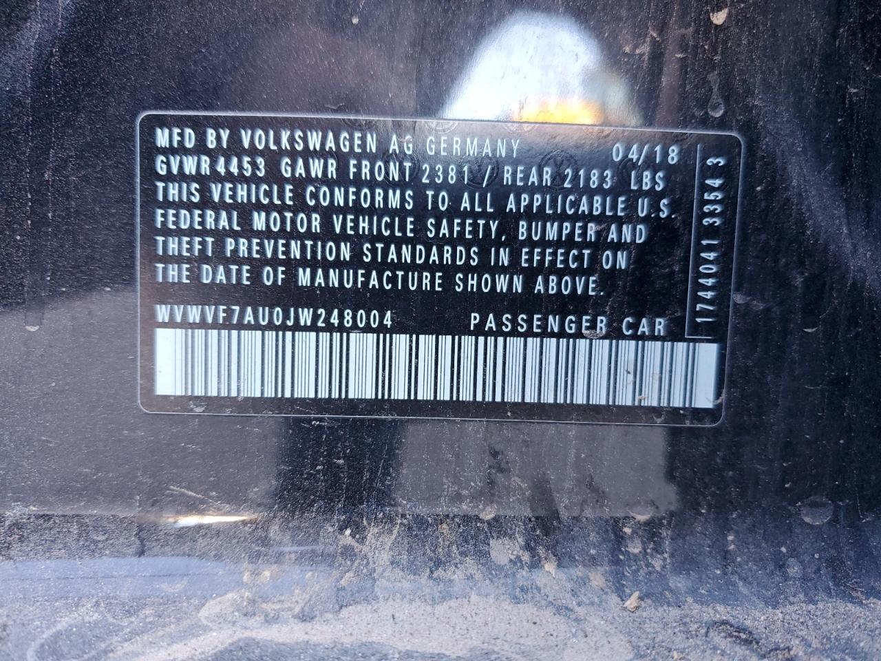2018 Volkswagen Golf R VIN: WVWVF7AU0JW248004 Lot: 45305135