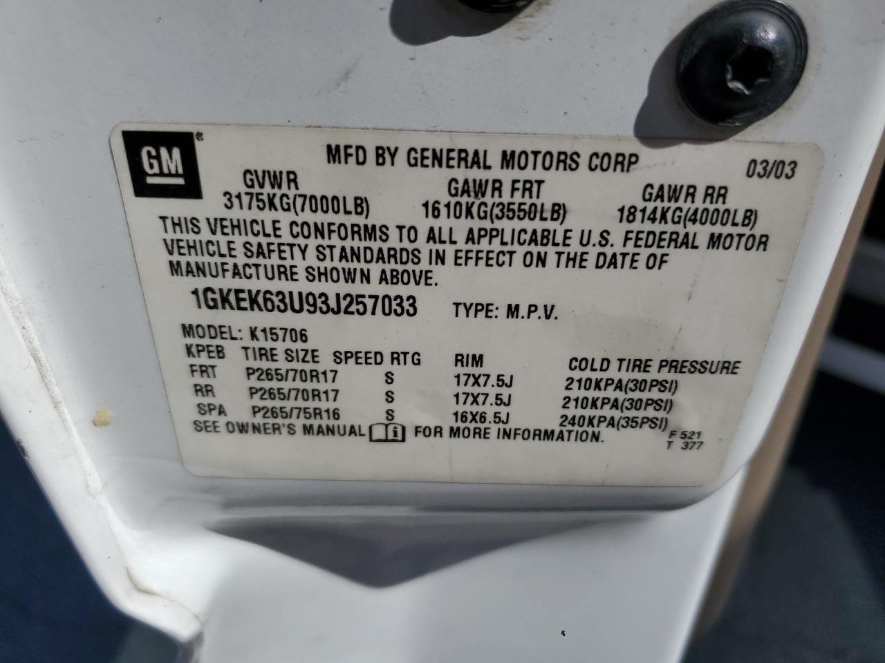 2003 GMC Yukon Denali VIN: 1GKEK63U93J257033 Lot: 86315755