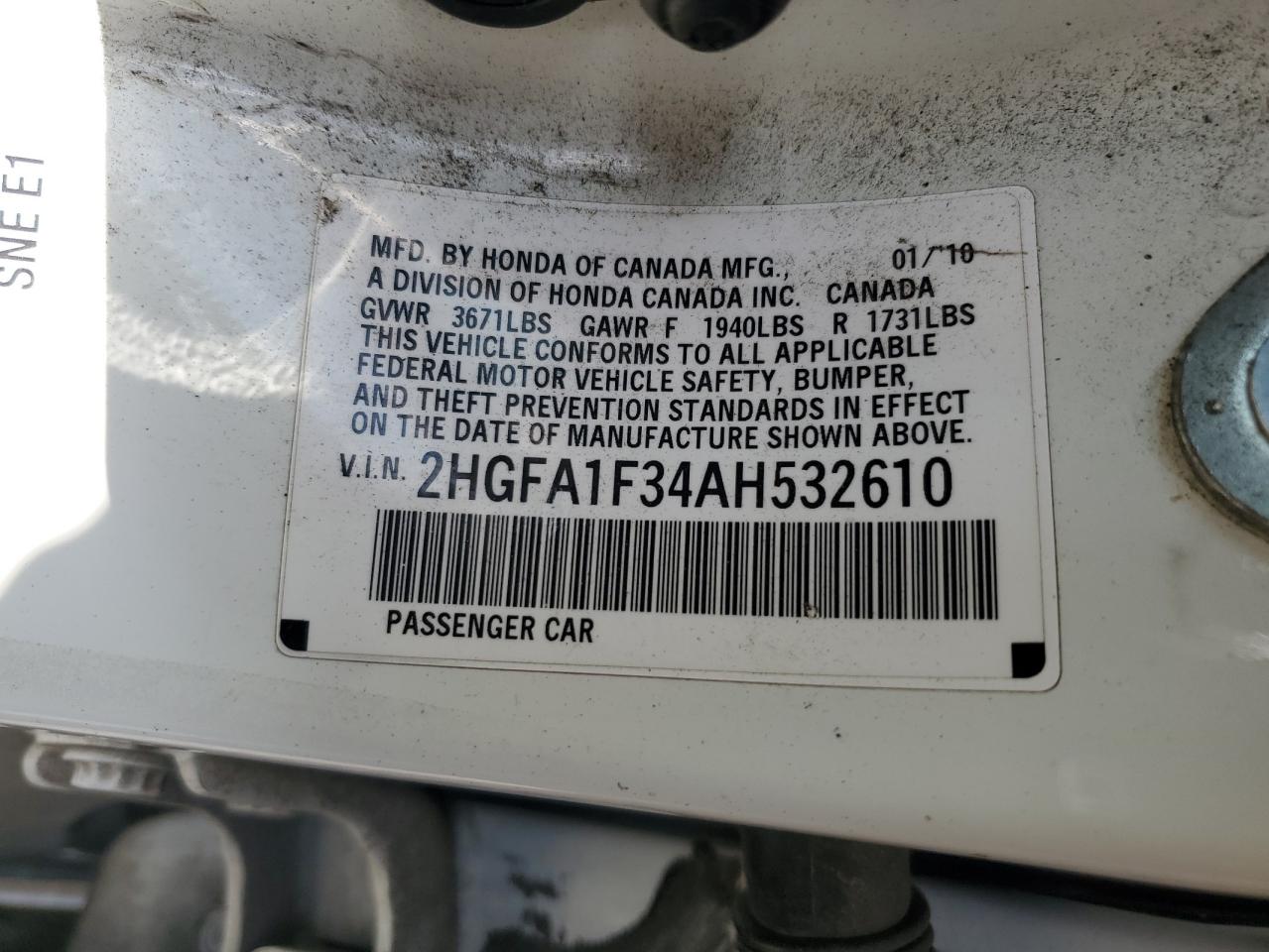 2010 Honda Civic Vp VIN: 2HGFA1F34AH532610 Lot: 85584845