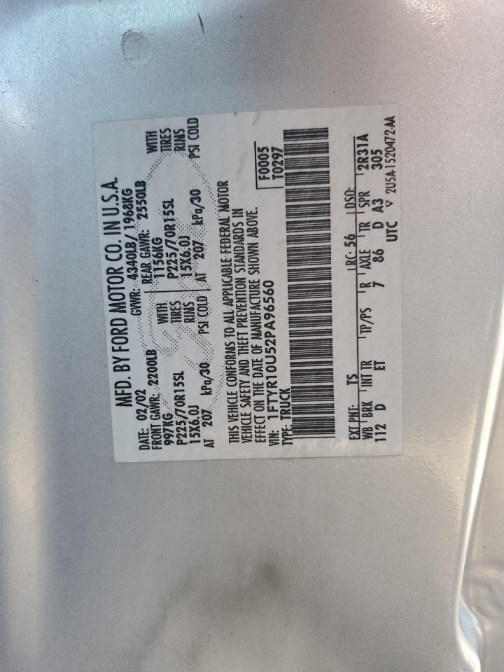 2002 Ford Ranger VIN: 1FTYR10U52PA96560 Lot: 86809995