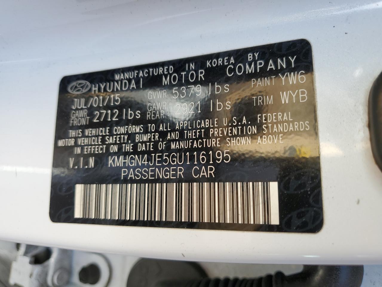 2016 Hyundai Genesis 3.8L VIN: KMHGN4JE5GU116195 Lot: 90098765