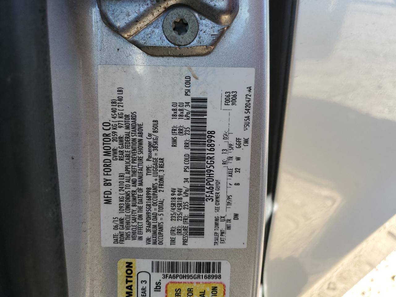 2016 Ford Fusion Se VIN: 3FA6P0H95GR168998 Lot: 84383955