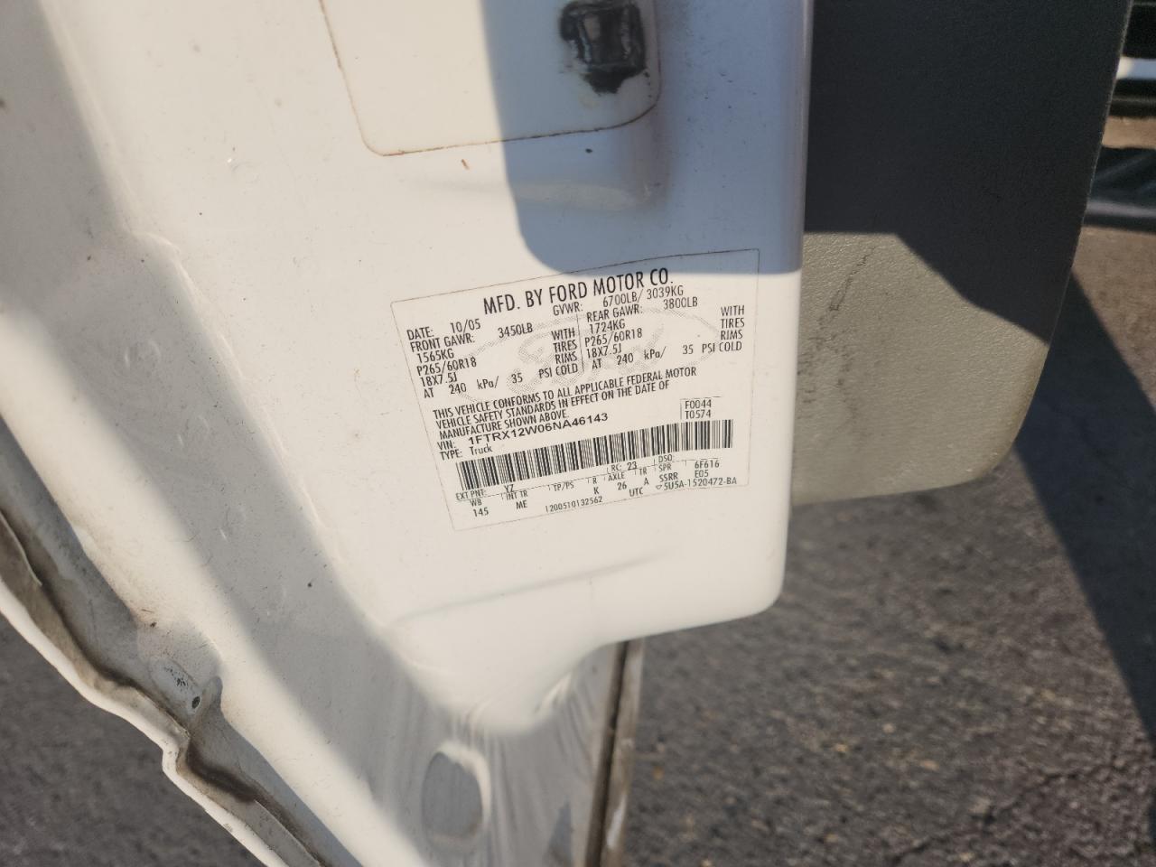 2006 Ford F150 VIN: 1FTRX12W06NA46143 Lot: 90109415