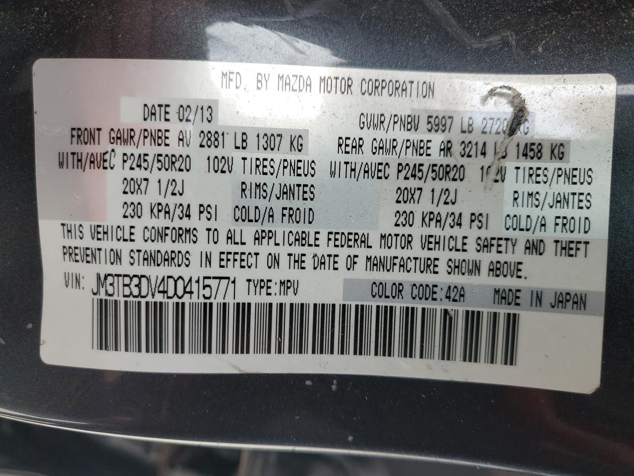 2013 Mazda Cx-9 Grand Touring VIN: JM3TB3DV4D0415771 Lot: 86310425