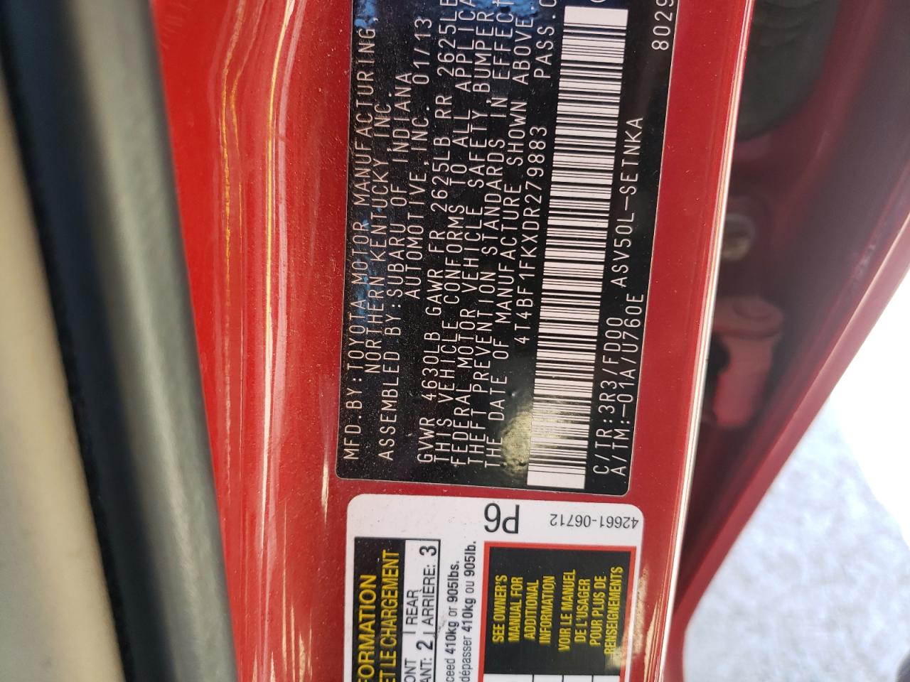 2013 Toyota Camry L VIN: 4T4BF1FKXDR279883 Lot: 85780695