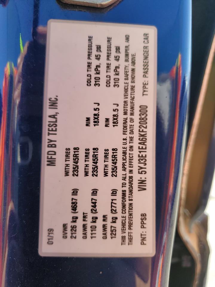 2019 Tesla Model 3 VIN: 5YJ3E1EA6KF208300 Lot: 85361295