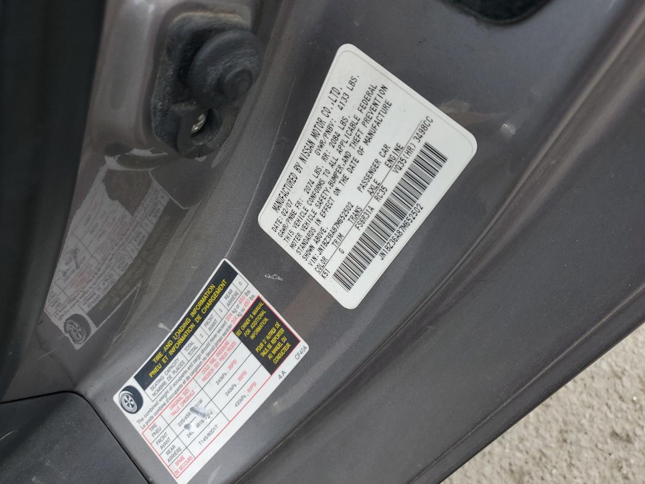 2007 Nissan 350Z Roadster VIN: JN1BZ36A87M652502 Lot: 89685095