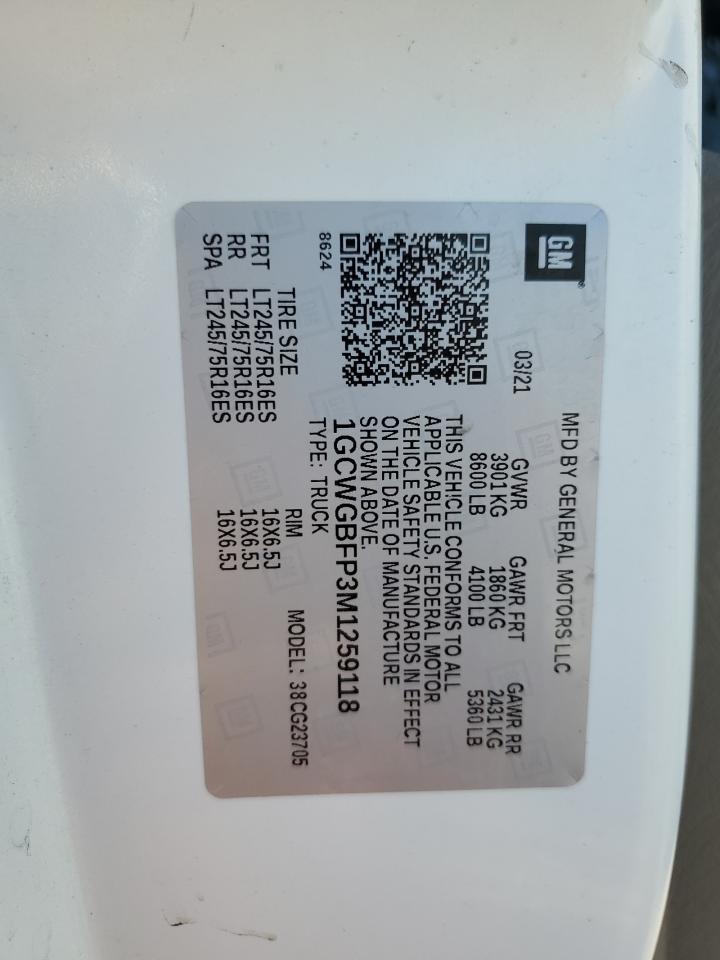 2021 Chevrolet Express G2500 VIN: 1GCWGBFP3M1259118 Lot: 87451345