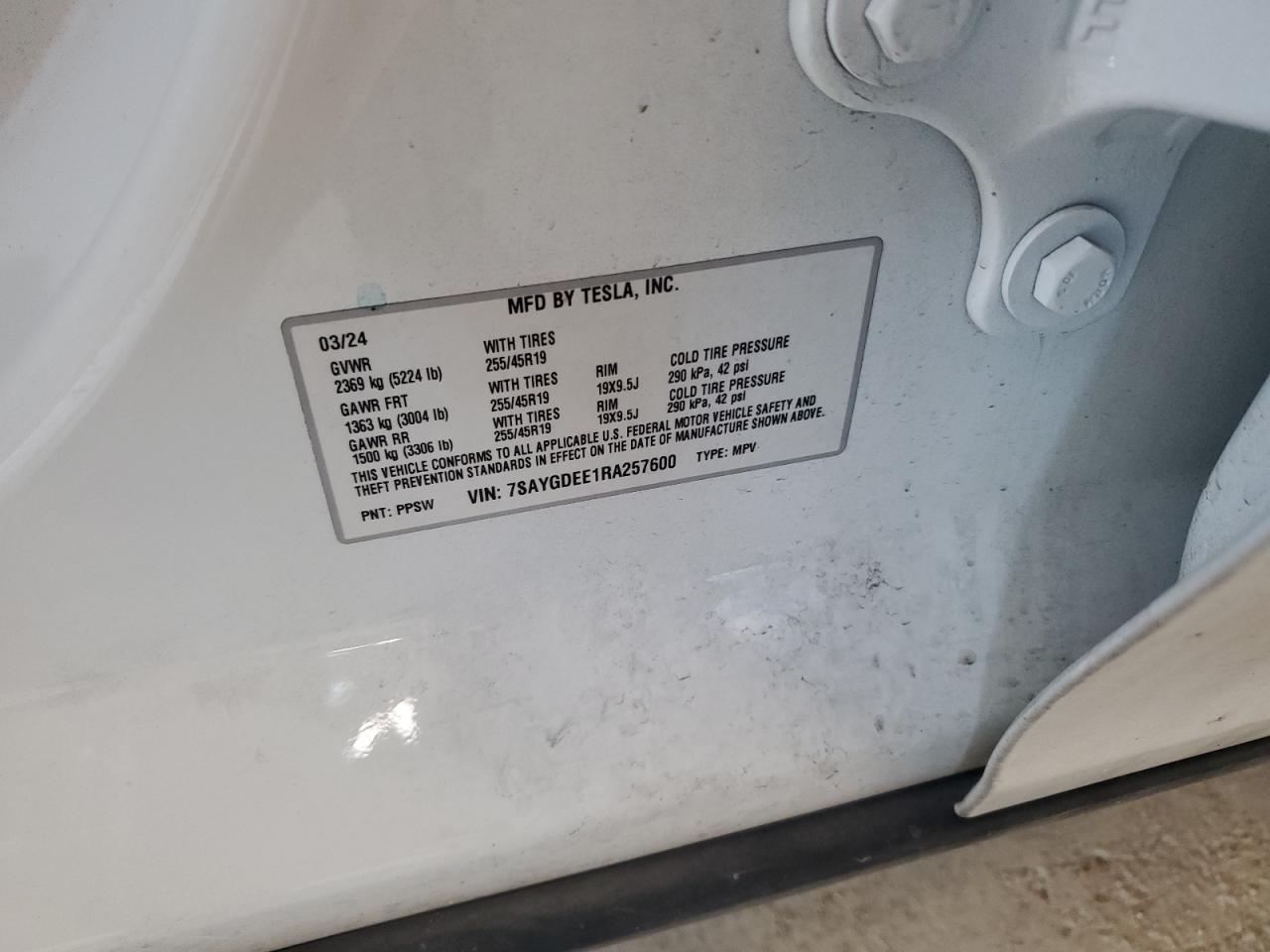 2024 Tesla Model Y VIN: 7SAYGDEE1RA257600 Lot: 89577555