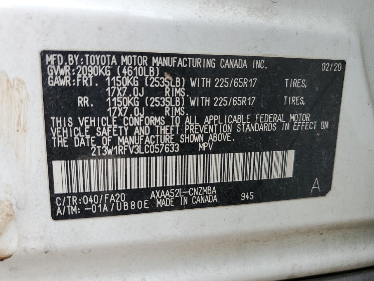 2020 Toyota Rav4 Xle VIN: 2T3W1RFV3LC057633 Lot: 85577285