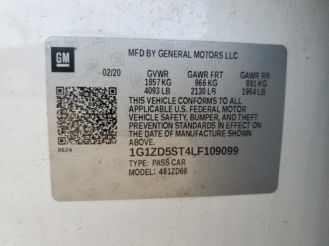 2020 Chevrolet Malibu Lt VIN: 1G1ZD5ST4LF109099 Lot: 84924965