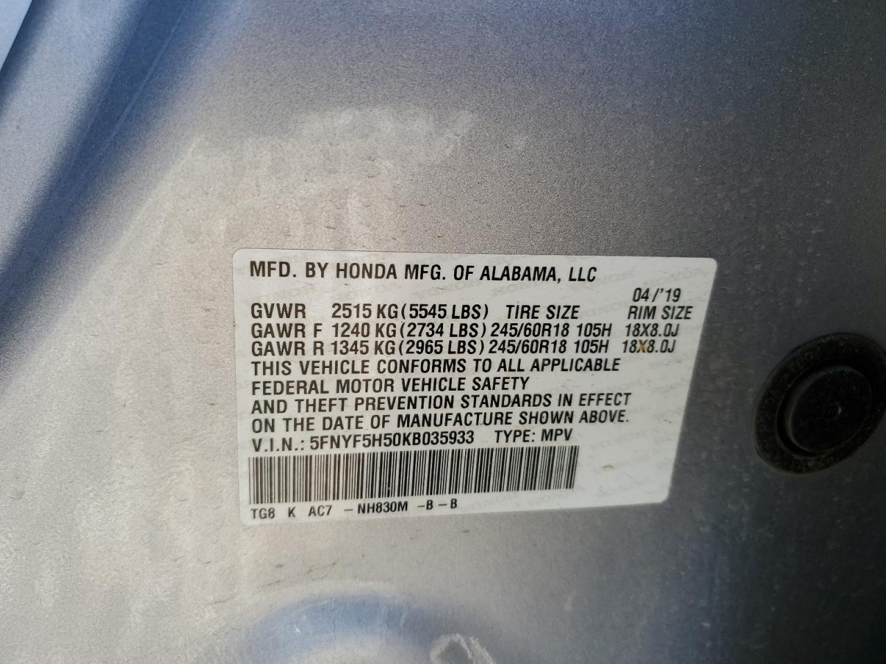 2019 Honda Pilot Exl VIN: 5FNYF5H50KB035933 Lot: 90925425