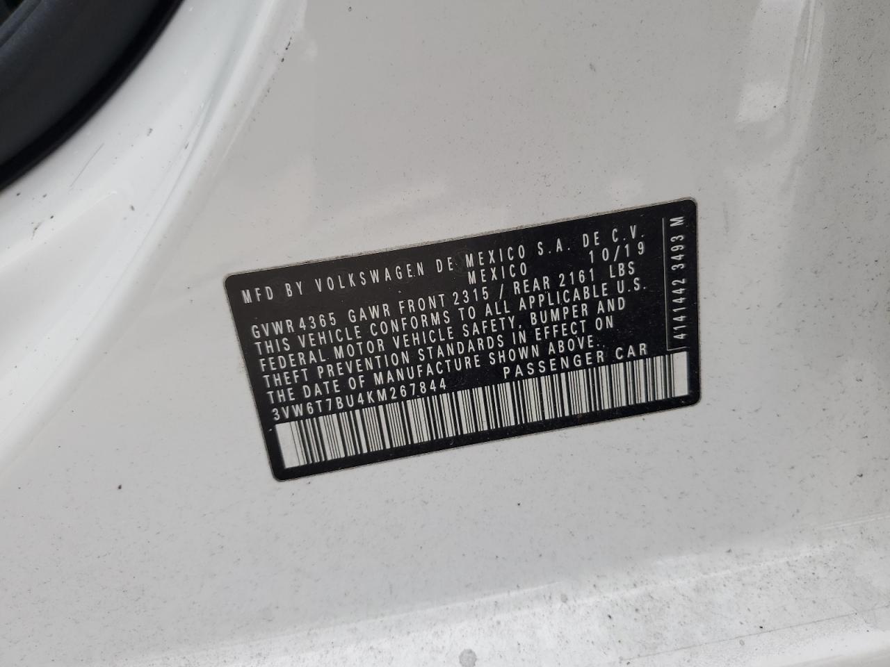 2019 Volkswagen Jetta Gli VIN: 3VW6T7BU4KM267844 Lot: 86127885