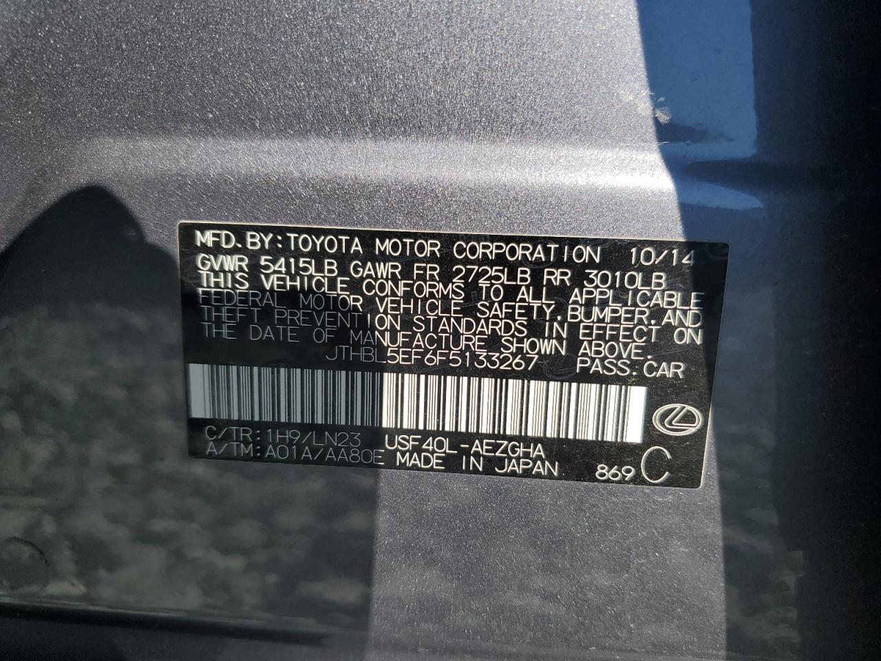 2015 Lexus Ls 460 VIN: JTHBL5EF6F5133267 Lot: 82521795