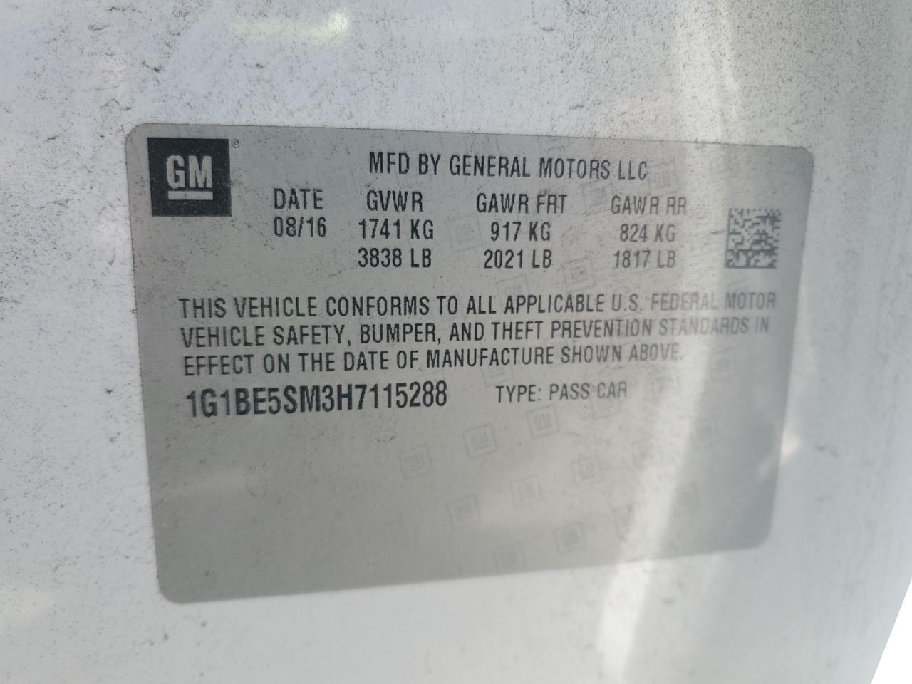 2017 Chevrolet Cruze Lt VIN: 1G1BE5SM3H7115288 Lot: 82255025