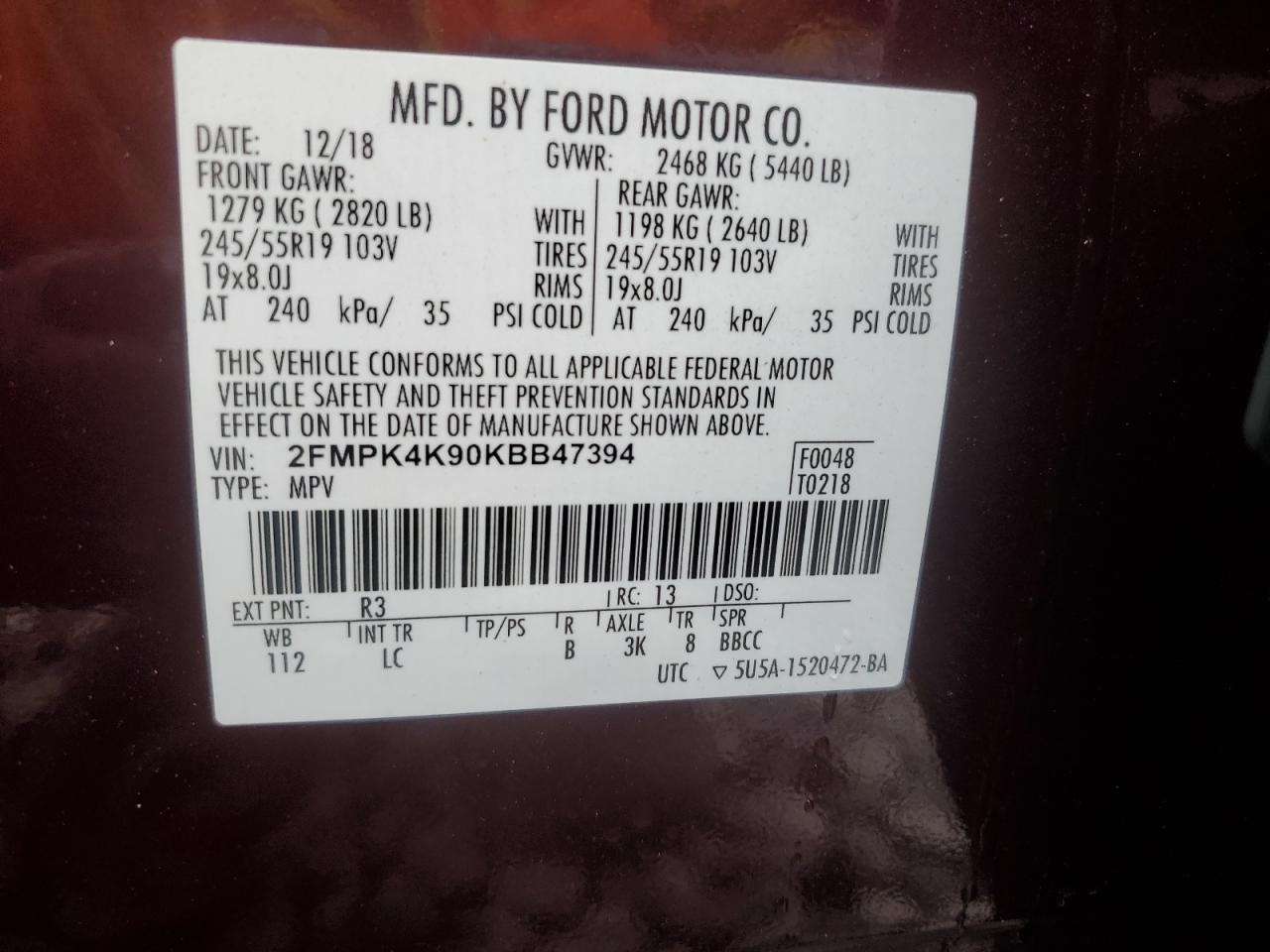 2019 Ford Edge Titanium VIN: 2FMPK4K90KBB47394 Lot: 86642775