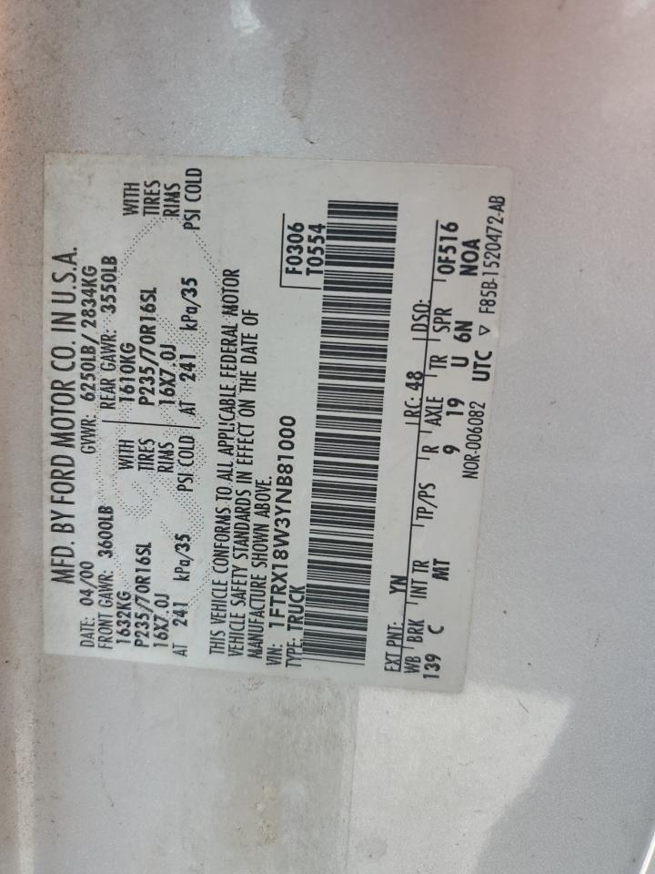 2000 Ford F150 VIN: 1FTRX18W3YNB81000 Lot: 86476645