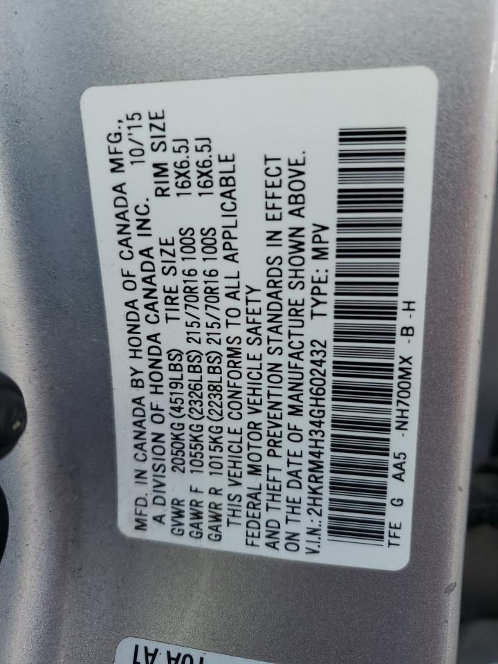 2016 Honda Cr-V Lx VIN: 2HKRM4H34GH602432 Lot: 85085635